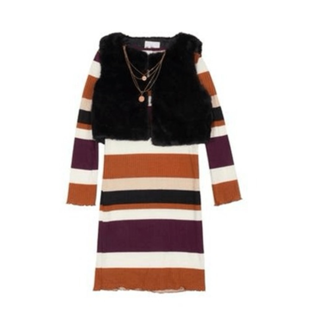 Rare Edition Big Girls Rib Knit Dress Faux Fur Vest, 2 Piece Set - Black Size 10